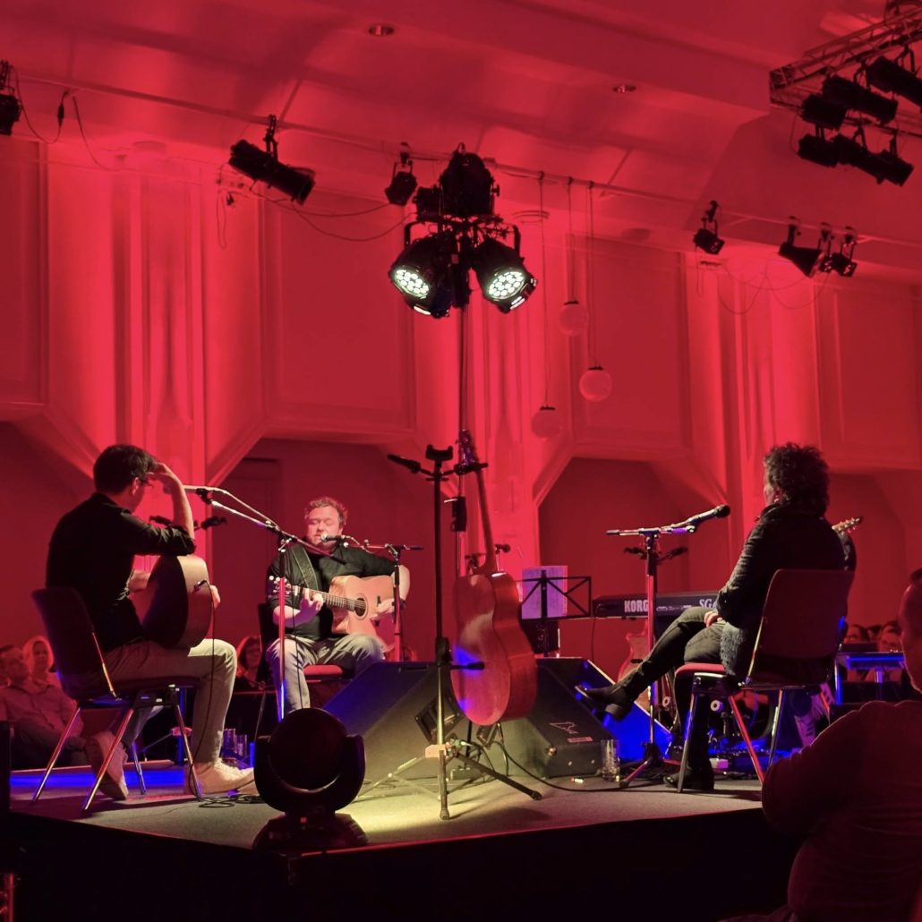 Musiker im Halbkreis auf der Bühne beim Songwriter-Circle 2025 in Eberswalde