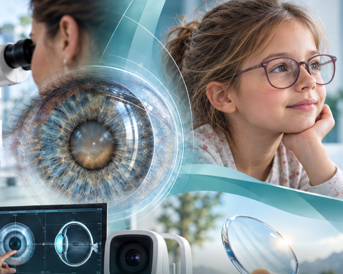 Collage zur Woche des Sehens mit Augenuntersuchung, Iris und einem Mädchen mit Brille